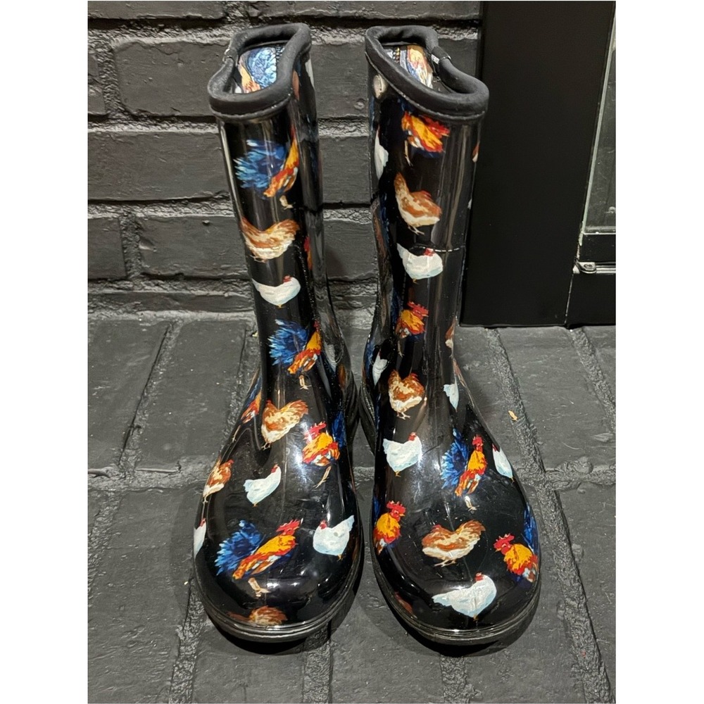 Sloggers Women Black Chicken Rooster Print Rain Garden Boots Made in USA Size 7
